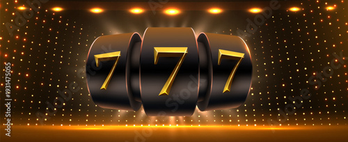 Golden 777 slot machine jackpot on a sparkling dark background, symbolizing luck and winning in casino games. Vector illustration.