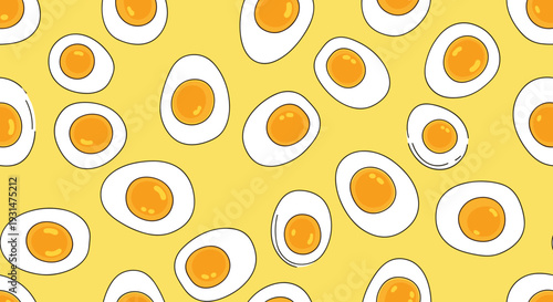 Playful seamless pattern featuring halves of hard boiled eggs with yellow yolks on a bright yellow background for kitchen decor.