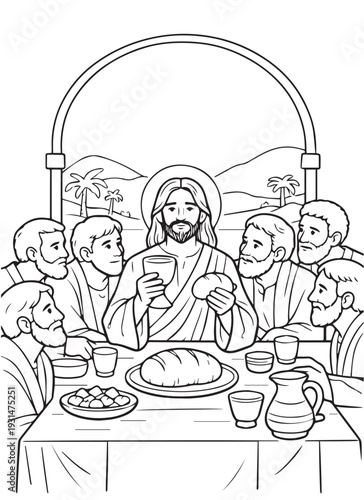 Obraz na płótnie Simple line art vector of the Last Supper with Jesus and His disciples at the table, suitable for a coloring book