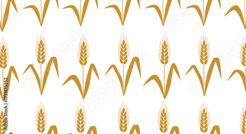 Elegant seamless pattern of golden yellow wheat ears arranged in neat rows on a clean white background for harvest themes.