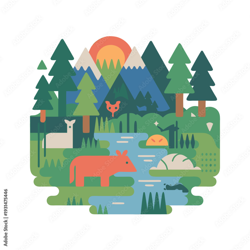 Fototapeta premium A stylized illustration depicts a tranquil forest scene with mountains wildlife and a river high quality