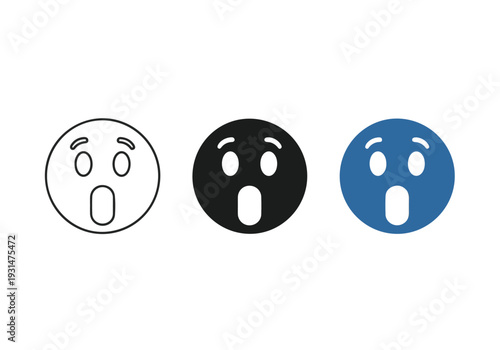 Surprised Face Emoji Icon Set with Shocked Expression in Outline, Solid, and Flat Style