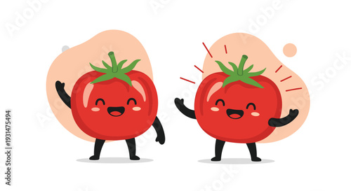 Two joyful red tomato characters with cute faces and green stems waving their arms on a soft peach abstract background.