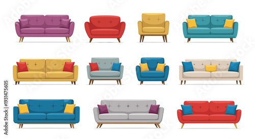 Diverse collection of modern sofas and armchairs in different colors and styles like purple, yellow, and teal for home decor.