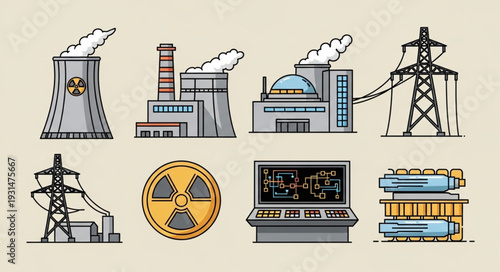 Set of industrial power plant icons and symbols.