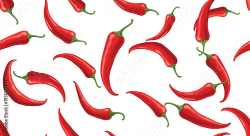Seamless pattern of vibrant red chili peppers scattered across a plain white background for culinary and spice themes.