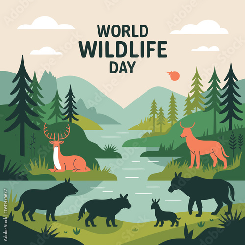 World wildlife day illustration featuring deer wolves and a mountainous landscape in green hues high quality