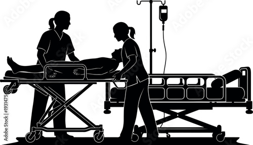 Medical Staff Transferring Patient from Stretcher to Hospital Bed Silhouette.