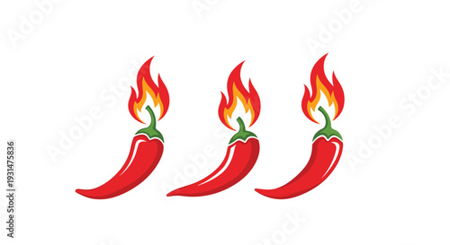 Row of three spicy red chili peppers with vibrant orange and red flames emerging from their stems on white background.