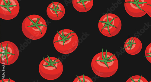 Seamless wallpaper pattern of ripe red tomatoes with green stems scattered over a dark charcoal or black background.