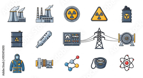 Collection of nuclear energy and radiation symbols and icons.
