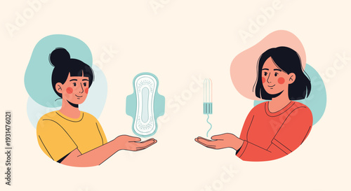 Two young women presenting a sanitary napkin and a tampon to promote menstrual health awareness and feminine hygiene.