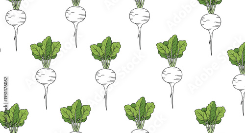 Seamless pattern of hand drawn white radishes with fresh green leafy tops arranged neatly on a plain white background.
