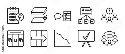 Agile and Sprint Execution outline vector Icons Set - Minimalist bold outline icons covering sprint planning, scrum workflow, process, backlog management and agile project execution for business team