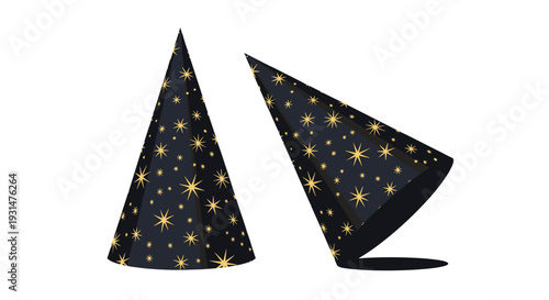 Pair of dark blue or black cone shaped party hats decorated with numerous golden yellow stars on a white background.