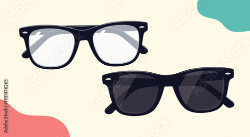 Two pairs of eyewear including classic black framed reading glasses and dark tinted sunglasses over a soft backdrop.