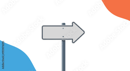 Directional road sign pointing to the right stands against a simple white background with abstract blue and orange shapes on the corners.