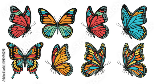 Collection of colorful butterfly illustrations with intricate wing patterns shows various species in different flight positions and angles.