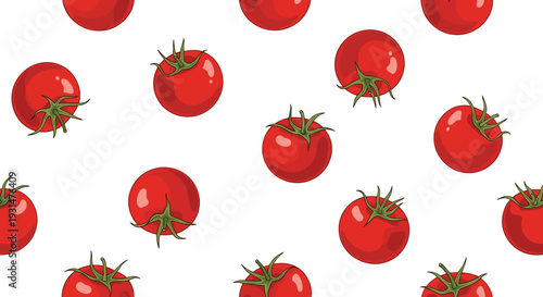 Ripe red tomatoes with fresh green stems are scattered in a seamless repeating pattern on a white background for a healthy culinary design.