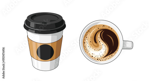 Takeaway coffee cup shown from both side and top views displays a white cup with a brown sleeve and a rich latte art swirl in the mug.