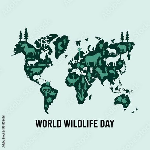 A world map silhouette filled with diverse wildlife illustrations promoting world wildlife day high quality professional