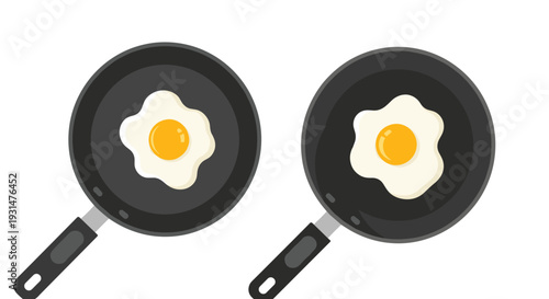 Two black frying pans each contain a perfectly cooked sunny-side-up egg with a bright yellow yolk, representing a classic healthy breakfast.