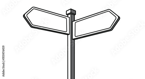 Blank directional street sign with two arrows pointing in opposite directions is illustrated in a clean black and white line art style.