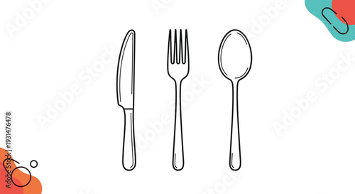 Essential dining set consisting of a knife, fork, and spoon is presented in a simple black line art style with colorful abstract background.