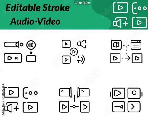Audio Video icon featuring a speaker play button microphone film strip. Represents multimedia sound recording streaming entertainment broadcasting. Digital media technology in clean flat vector style.