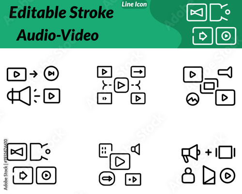 Audio Video icon featuring a speaker play button microphone film strip. Represents multimedia sound recording streaming entertainment broadcasting. Digital media technology in clean flat vector style.