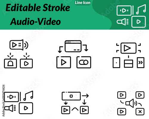 Audio Video icon featuring a speaker play button microphone film strip. Represents multimedia sound recording streaming entertainment broadcasting. Digital media technology in clean flat vector style.