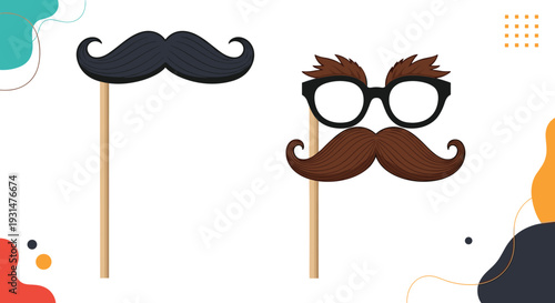 Photo booth props featuring a black handlebar mustache and a pair of glasses with a brown mustache are shown on wooden handle sticks.