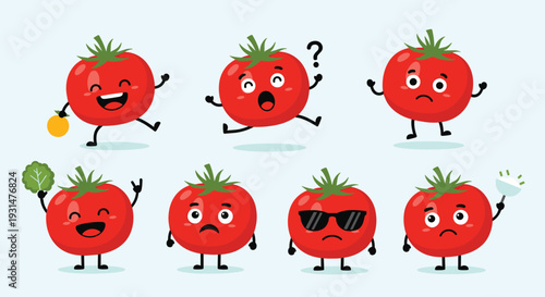 Fun set of tomato characters displays a variety of facial expressions and emotions including happiness, surprise, sadness, and coolness.