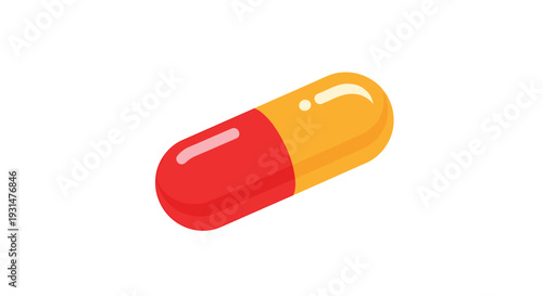 Single medical capsule pill with a red and yellow shell is shown at an angle, representing healthcare, pharmacy, and pharmaceutical medicine.