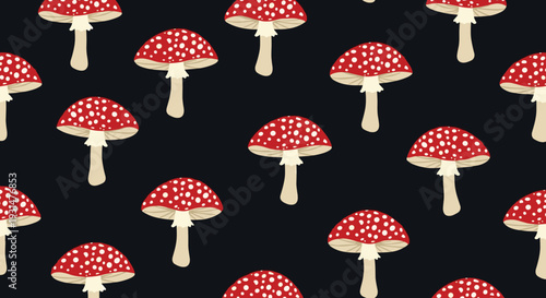 Red and white fly agaric mushrooms are repeated in a seamless pattern on a dark background, creating a whimsical and natural forest design.