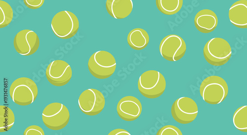 Yellow tennis balls are scattered randomly in a seamless repeating pattern across a calm teal background for a stylish sports-themed design.