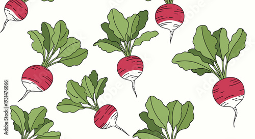 Fresh red radishes with long green leaves are arranged in a seamless repeating pattern on a white background for a natural kitchen theme.