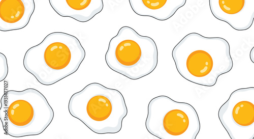Fried eggs with bright yellow yolks and uneven white borders scattered across a plain white background in a simple flat illustration.