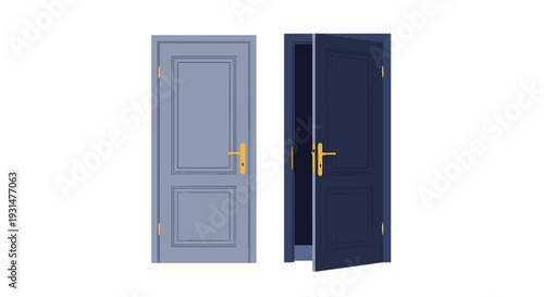 Set of two classic wooden doors in light and dark blue colors, one closed and one slightly open with gold handles and hinges.
