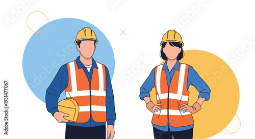 Two construction workers, a man and a woman, wearing orange safety vests and yellow hard hats standing against a geometric backdrop.