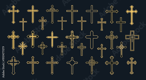 Large collection of various Christian cross designs in gold color on a dark blue background representing different religious traditions.