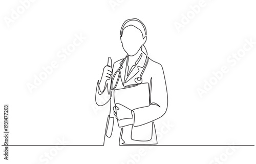 Continuous one line drawing of female doctor holding clipboard and holding thumbs up, single line art.