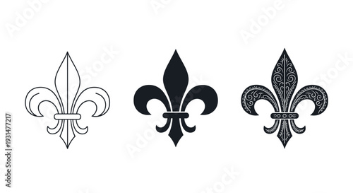 Three versions of a fleur-de-lis symbol: an outline, a solid black silhouette, and an ornate decorative version on a white base.