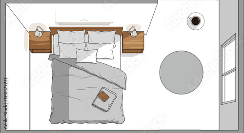 Top view modern bedroom layout, minimalist interior with bed nightstands air conditioner window and coffee cup illustration
