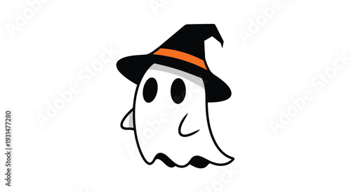 Cute little ghost character wearing a black witch hat with an orange band, floating in isolation on a simple white background.