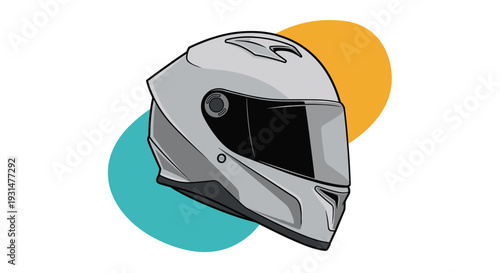 Silver motorcycle helmet with a black visor shown from a side view against a background of orange and teal abstract circular shapes.