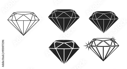 Set of five diamond icons in various styles including outlines, solid black shapes, and one with sparkling light effects on its edges.
