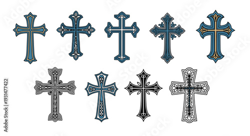 Collection of nine ornate Christian crosses in various shades of blue and black with decorative elements on a white background.