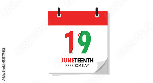 Juneteenth Freedom Day calendar page showing the nineteenth of June with stylized red and green colored numbers.