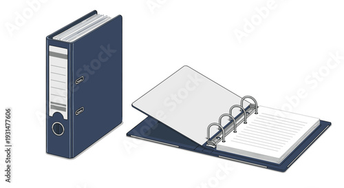 Dark blue office ring binder folders for document storage, featuring one closed standing and one lying open.